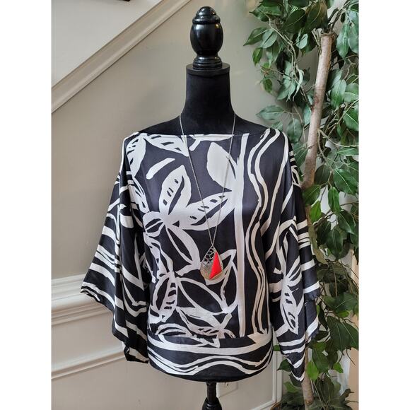 Cache Silk Blouse Womens Large Black White Floral Print Batwing Sleeve Top - Picture 1 of 10